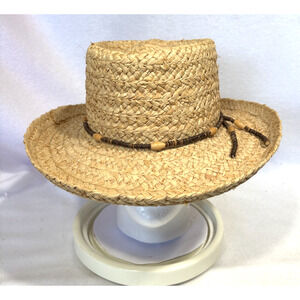 Dorfman Pacific Genuine Raffia Hat S/M Tan Woven Wide Brim Beaded Band